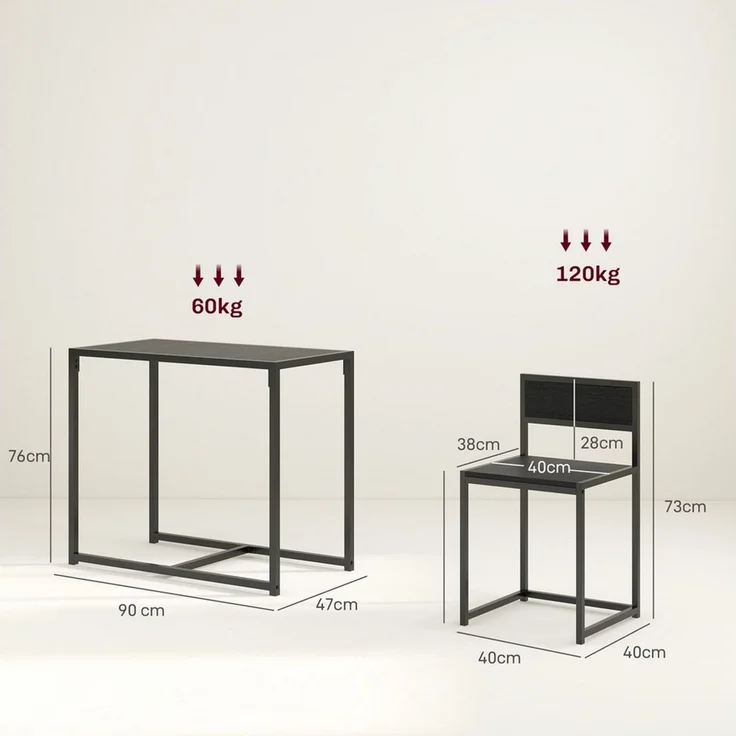 HOMCOM Essgruppe Esstisch Set, (Esstisch mit 2 Stühlen, 3-tlg, Platzsparend Esszimmergruppe), für Esszimmer, Küche Schwarz – Bild 2