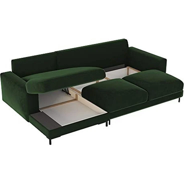Selsey Mokpeo - Ecksofa mit Schlaffunktion, Bettkasten und schwarzen Füßen, 244 cm breit (Veloursbezug Flaschengrün, Ottomane Links) – Bild 5