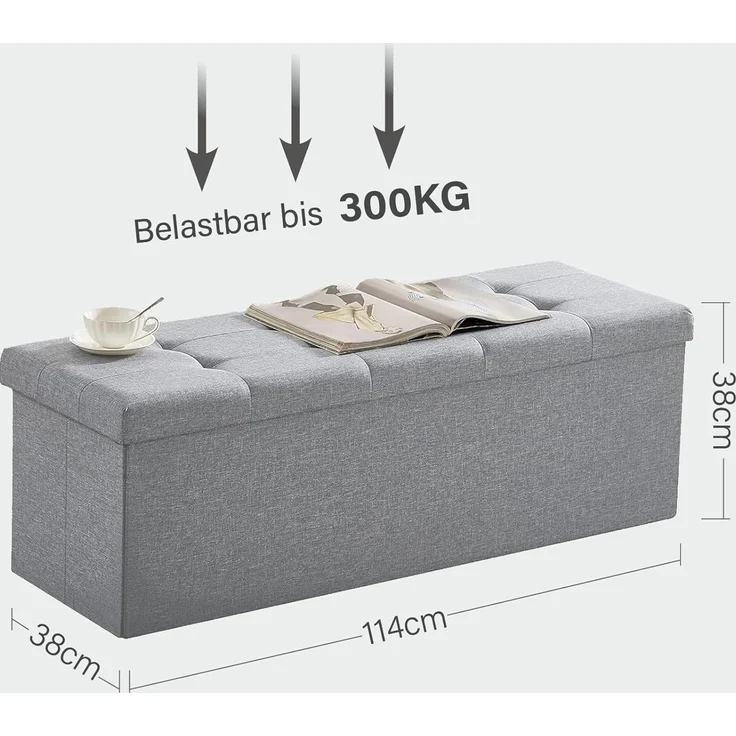 Zedelmaier Sitzbank mit Stauraum Sitzhocker Faltbar Truhen, Deckel Abnehmbar, 114 x 38 x 38 cm (Hellgrau - Leinen) – Bild 3