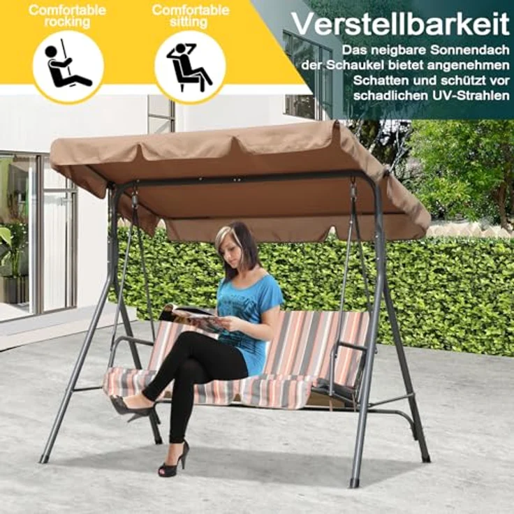 Angel Living Hollywoodschaukel Gartenschaukel 3 Sitzer, 3,00-Sitzer, Relaxfunktion, Verstellbarem Sonnendach und Abnehmbarem Kissen, 173cm x 110cm x 151cm – Bild 6