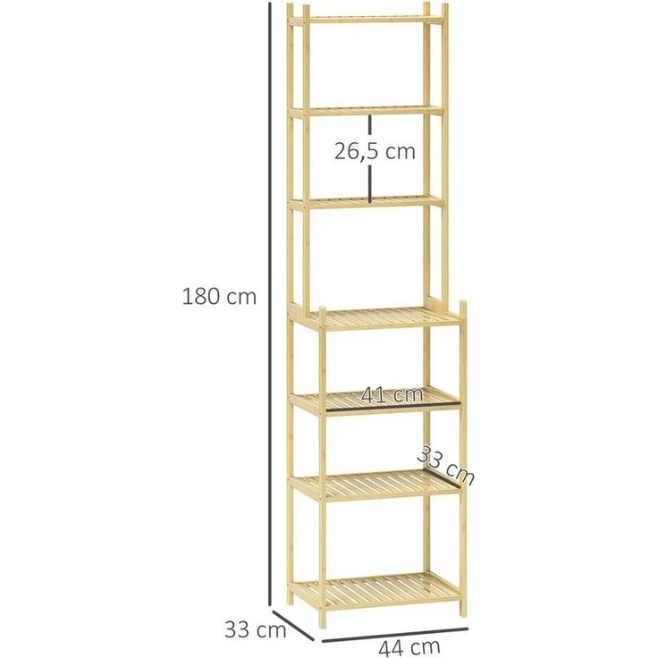 HOMCOM Badregal Badezimmerregal mit 7 Ebenen, Standregal, Aufbewahrungsregal aus Bambus 1-tlg, für Wohnzimmer, Badezimmer, Natur, 44 x 33 x 180 cm – Bild 2