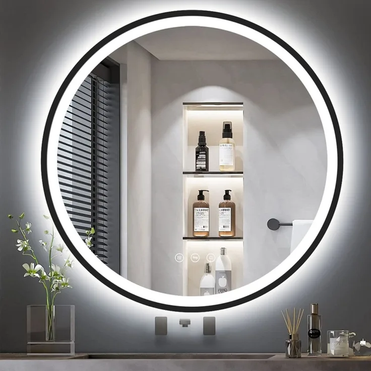 GIMBELEN LED Badezimmerspiegel 70 cm mit Uhr, runder Wandspiegel mit Beleuchtung für Badezimmer, Bad, Make-up & Rasur, 3 Lichtfarben (3000K/4000K/6500K), dimmbar, Touch-Schalter, Speicherfunktion, Anti-Beschlag, integrierte Digitaluhr, IP44, explosions...
