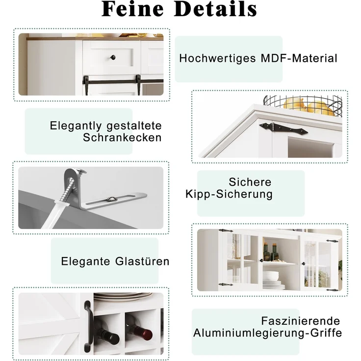 Küchenschrank(105×38.4×180cm), Hochschrank Küchenbuffet, Vitrinenschrank, Buffetschrank mit Verstellbaren Ablagen, Sideboard mit LED-Beleuchtung,Variable Lichtfarben,weiß – Bild 7