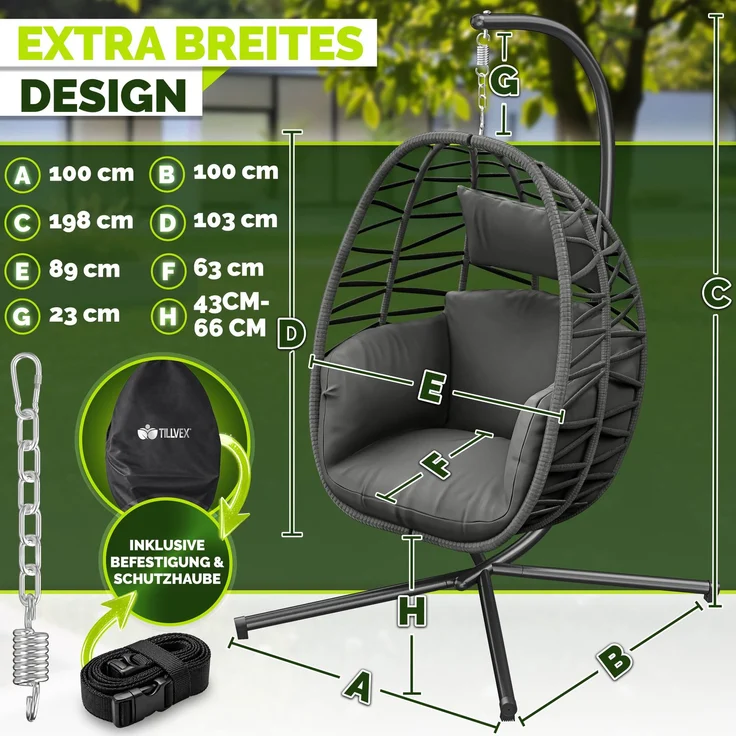 tillvex® Hängesessel mit Gestell Outdoor & wetterfester Abdeckung inkl. Befestigung | Hängekorb klappbar bis 150 kg | Hängesitz aus Rattan | Hängestuhl für Indoor Garten Balkon Terrasse – Bild 2