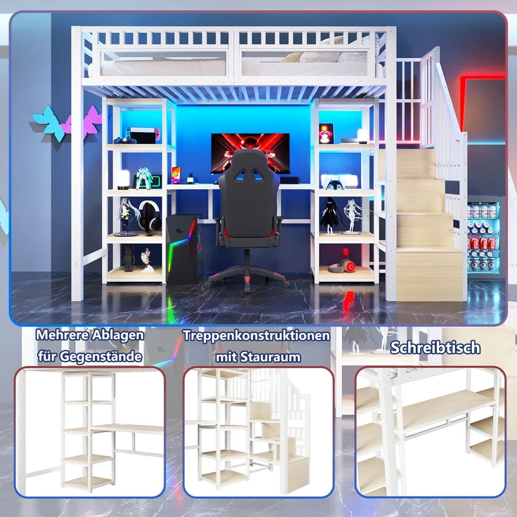 Hochbett 90 x 200 cm mit Eisenrahmen, Ablagefach, Leiter mit Stauraum, Schreibtisch, LED-Lichtleiste, USB-Anschluss, ohne Matratze, Weiß – Bild 7