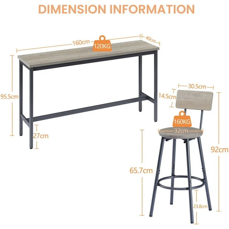 ANYSUN Bartisch Küchen-Esstisch,Kneipentisch, langes Esstisch-Set mit 3 Hockern (Langer Bartisch mit 3 gepolsterten Barhockern aus Kunstleder), industrieller Bartisch und Stühle für die Küche,den Frühstücksraum – Bild 4