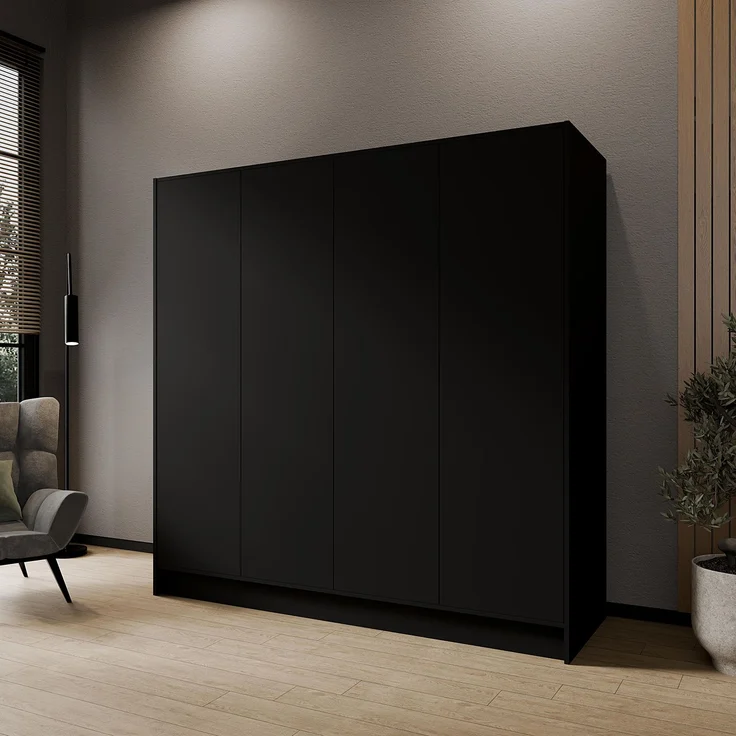 MEBLINI Kleiderschrank GALINDA 200cm - Schwarz Matt - griffloser Drehtürenschrank ohne Spiegel - Push-to-Open - mit Kleiderstangen und Regalböden – Bild 2