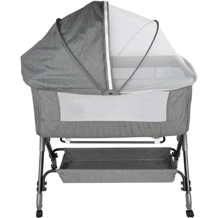 HUOLE Beistellbett Baby,4-stufig Höhenverstellbar,3 in 1 Babybett und Babywiege,Kinderbett mit Rollen,Moskitonetz, 20° Neigung Babybett, 104 * 52 * 100-110cm – Leinengrau – Bild 9