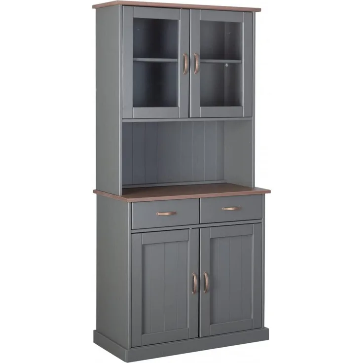 Dmora Sideboard mit 2 geschlossenen Türen, 2 Vitrinen und 2 Schubladen, in grau lackierter massiver Kiefer mit brauner Oberseite und Oberflächen, 90 x 45 x 191 cm
