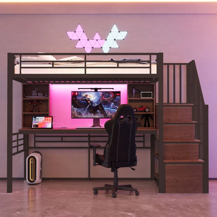 Merax Hochbett Kinderbett 90×200 cm, Jugendbett, Einzelbett mit Ablage, Schreibtisch, Steckdose und LED-Beleuchtung, Integrierter Stauraumtreppe (links/rechts montierbar), Schwarz – Bild 3