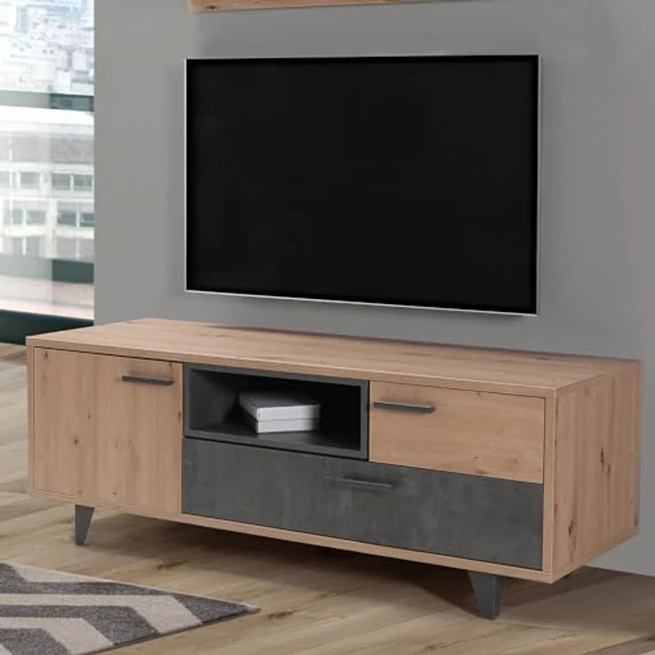 Forte Raven TV-Schrank 150 160, moderner Schrank mit 1 Tür, 2 Schubladen, Holzwerkstoff, Artisan Eiche Holzdekor/Betonoptik Dunkelgrau, 154,5 cm breit x 54,4 cm hoch x 52,2 cm tief – Bild 2