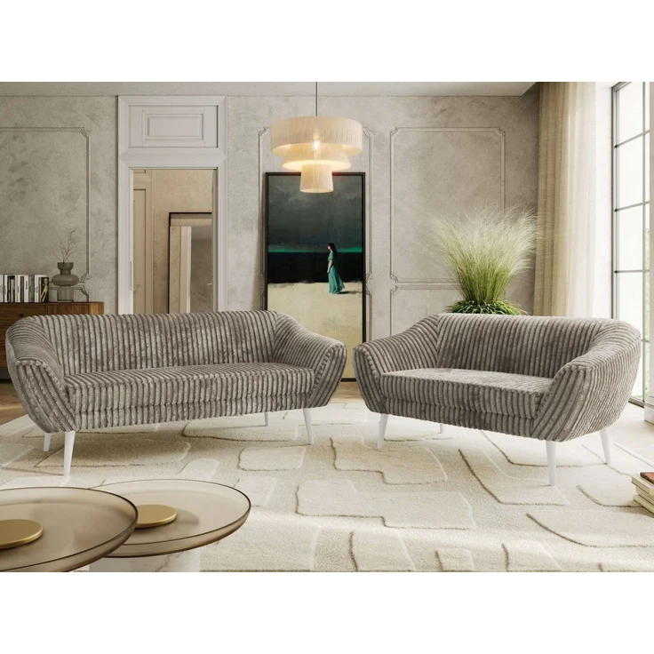 Skandinavisches Sofa Set PIRS 3-2, Komplettset, Wellenfederung, weiße Füße, Sitzgruppe, Polstermöbel Set - Hellbraun Cord – Bild 1