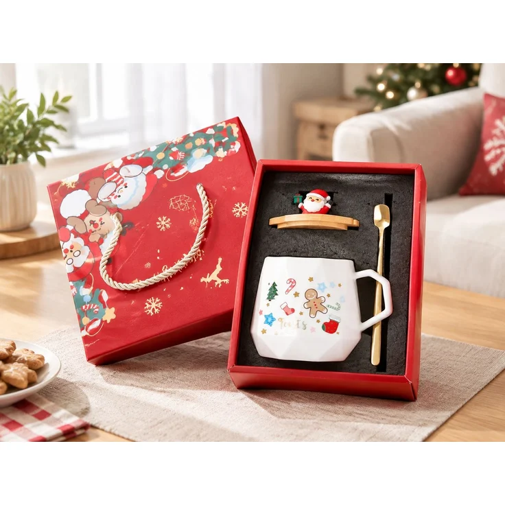 Keramik-Weihnachtstasse mit Deckel und Löffel im Geschenkset Weihnachtsmann Rot 28 x 16 x 23 cm – Bild 2