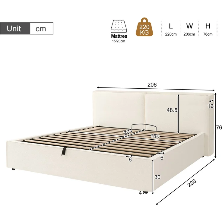 U-life Polsterbett 180x200 cm, fürs Schlafzimmer, Doppelbett, Hydraulisches Funktionsbett, Bett mit Lattenrost, Kopfteil, Chenille, Weiß – Bild 6
