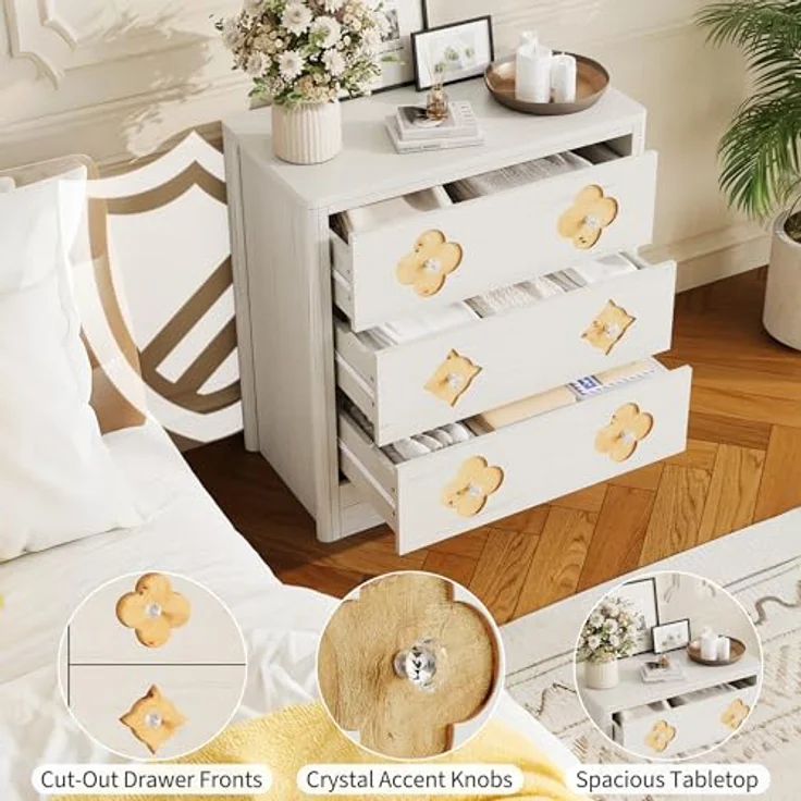 GarveeHome Kommode Mit 3 Schubladen, Nachttisch Mit Durchbrochenem Muster Und Kristallknauf, Dekorativer Beistelltisch Mit 220 kg Tragkraft, Für Wohnzimmer Und Schlafzimmer, 80 x 40 x 77 cm – Bild 5