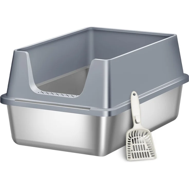 Halupeit Geschlossene Edelstahl-Katzentoilette in XXL-Größe, geräumiger Innenraum, hohe Wände verhindern das Verschütten von Streu, inklusive Schaufel, Hellgrau, 61.3 x 40.8 x 29.8 cm – Bild 2