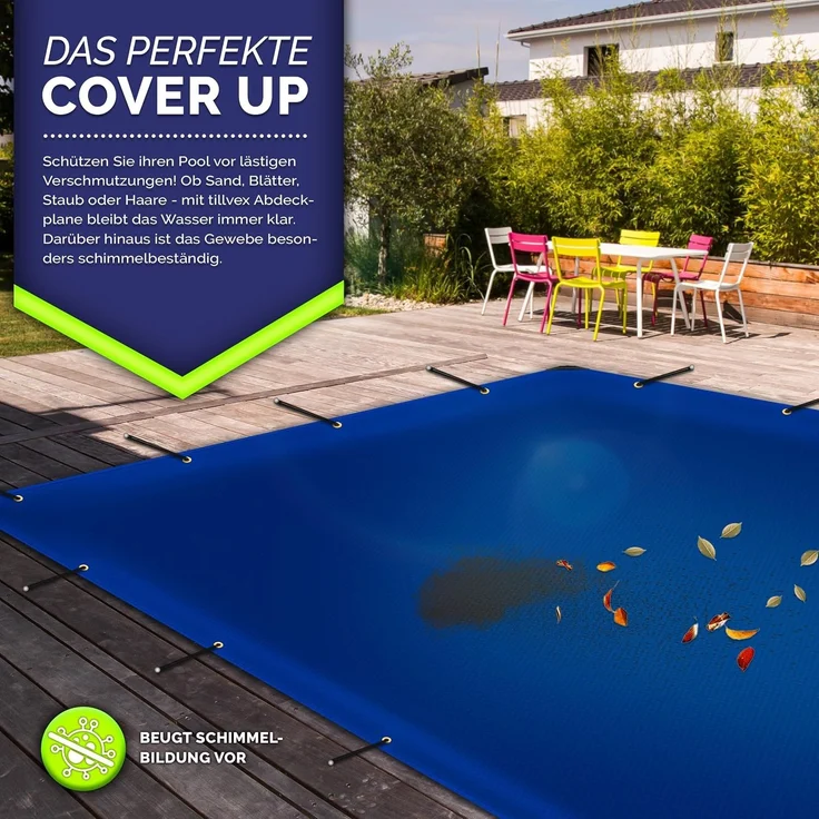 tillvex® Abdeckplane Blau 4x8 m mit Ösen + 10 Haken & 15m Seil | Gewebeplane 650g/m² Wasserdicht & Reißfest | Premium PVC-Plane Universell LKW, Pool, Holz Gartenmöbel | Gartenplane Abdeckung – Bild 7