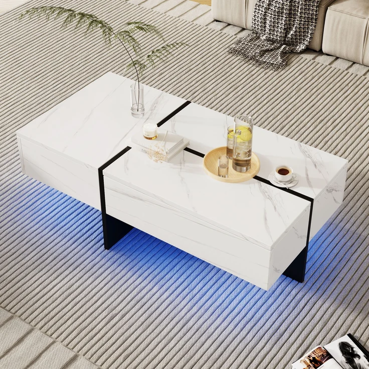 Couchtisch, Spanplatte in Hochglanz marmorähnlicher Optik mit LED-Beleuchtung & 3 Schubladen, 100x50x34,5 cm, Weiß – Bild 2