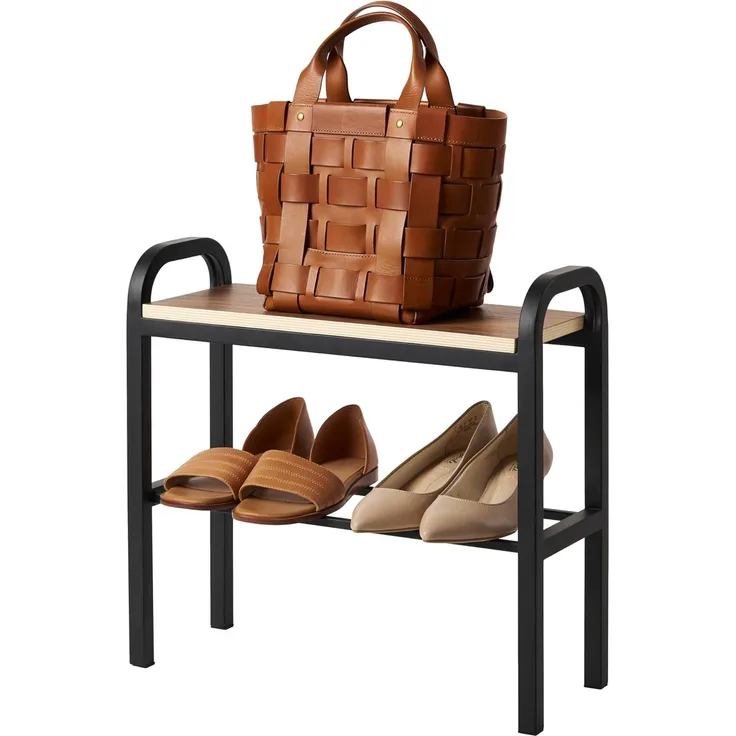 Yamazaki Schuhregal "Tower" 48x46x19cm, Schuhständer, kleine Schuhablage in schwarz 48cm, für 2 Paar Schuhe, mit Ablage