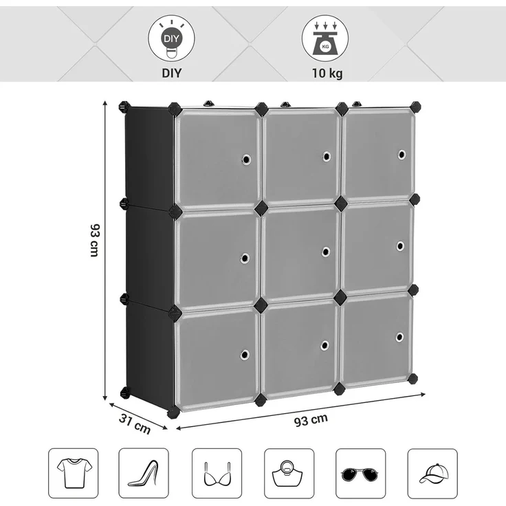 SONGMICS Regalsystem, Schuhregal, Set aus 9 Würfeln, Kleiderschrank aus Kunststoff, mit Türen, Steckregal, Aufbewahrung von Kleidung, Schuhen und Büchern, einfache Montage, schwarz LPC116HS – Bild 3