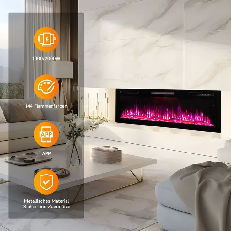 HOMAVO Elektrokamin mit 1000W/2000W Heizung, 12 3D-Flammenfarben, 36" - Stand, Einbaukamin / 50" - Wand, Einbaukamin, App-Steuerung(50") – Bild 2