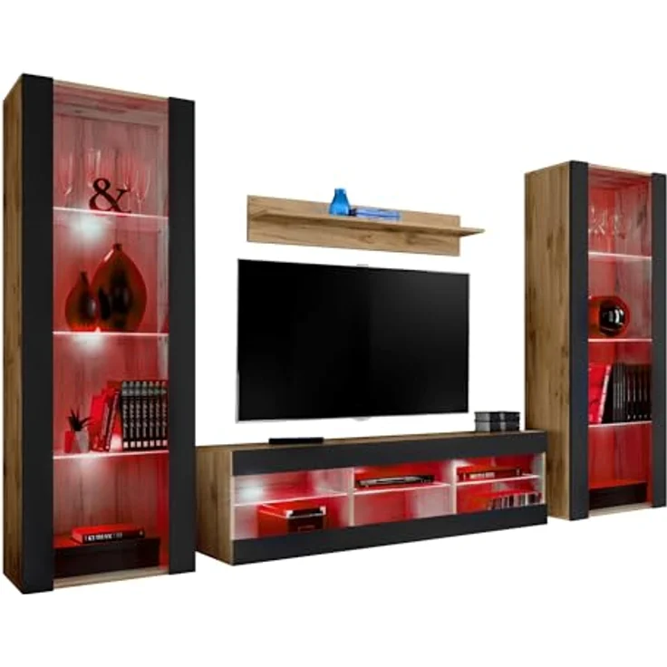 Komodee Wohnzimmerset Tivoli Grande, Eiche Wotan und Schwarz, 9 Fächer, Rechteckig, 250x159x35 cm, Holzwerkstoff, Anbauwand – Bild 3