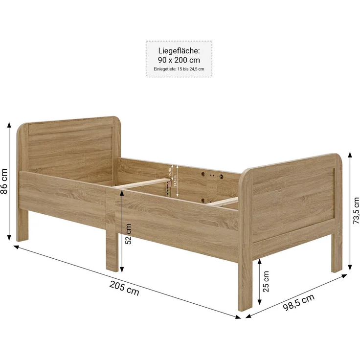 Komfortbett 90x200 Seniorenbett Höhenverstellbar Holzbett Eiche Einzelbett Hohes Bett Bettgestell – Bild 3