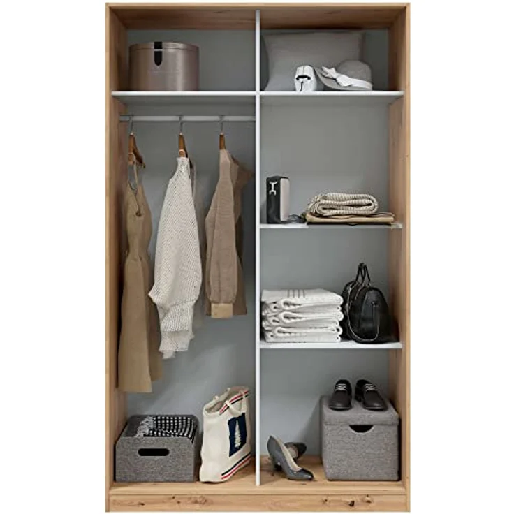 Habitdesign, Kleiderschrank mit 2 Schiebetüren – moderner Schwebetürenschrank für Schlafzimmer oder Jugendzimmer in Eiche Nodi, viel Stauraum, Maße: 120 x 200 x 50 cm (B x H x T), Modell Enzo – Bild 4