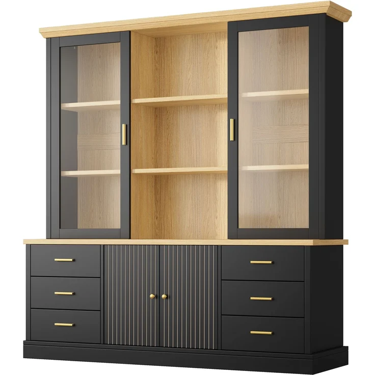 Küchenschrank 140 x 40 x 185 cm aus MDF, schwarz, mit Glastüren und 6 Schubladen – Bild 9