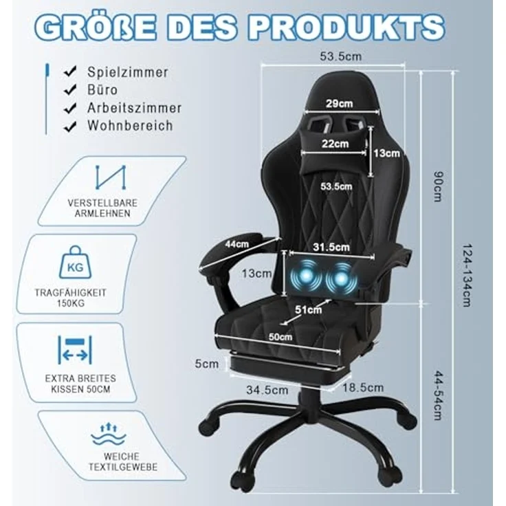 JUMMICO Gaming Stuhl Stoff mit Federpolsterung, Ergonomischer Bürostuhl mit Massager. Gaming Chair mit Kopfstütze, Fußstütze, Höhenverstellbar. Gamer Stuhl 150 kg belastbarkeit, Schwarz – Bild 3