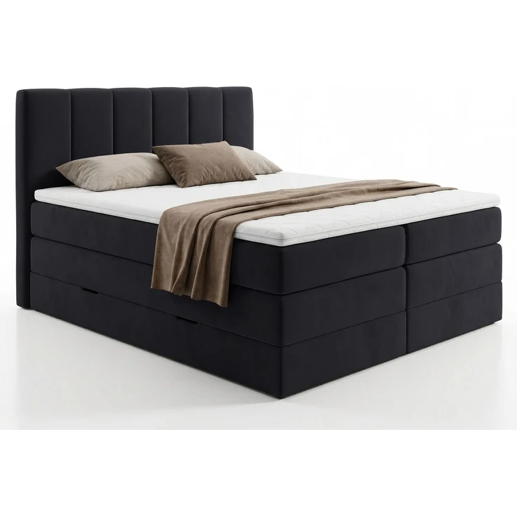 Boxspringbett Star XL mit 2 Bettkästen und Topper, mit Taschenfederkern- und Bonellfederkernmatratze, Doppelbett, Polsterbett aus Veloursstoff mit Stauraum (Schwarz (Kronos 07), 160x200 cm) – Bild 2