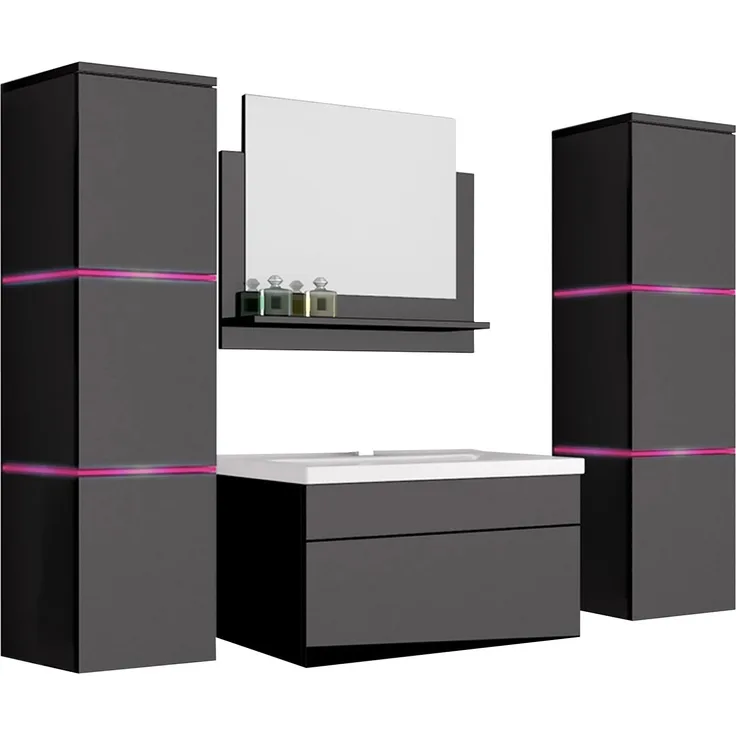 5 teiliges Waschplatz Badmöbel Komplettset inkl. LED Beleuchtung hochglanz Schwarz