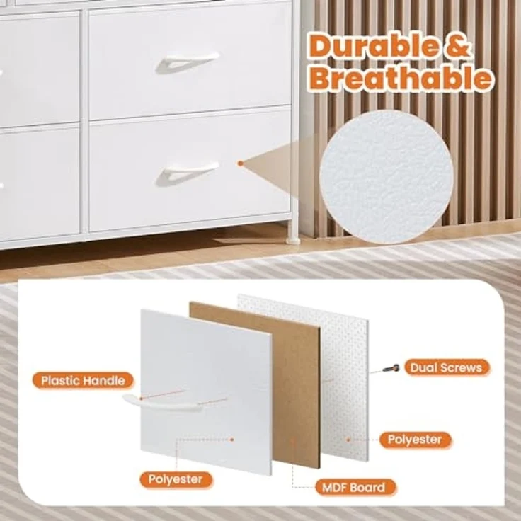 DUMOS Kommode für Schlafzimmer mit 7 Stoffschubladen, hohe Kommode Organizer für Kleidung, Schrank Kinderzimmer, Aufbewahrungsturm mit Schrank, Metallrahmen, Holzplatte, leichte Kinderzimmermöbel – Bild 5