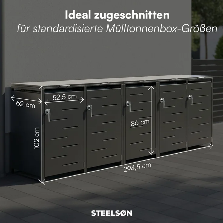 STEELSØN 'Diorus' Mülltonnenbox 5er je 120 Liter, graphitschwarz, Mülltonnenverkleidung aus Stahl mit Sichtstreifen, wetterfest, 102x62x294,5 cm, abschließbare Müllbox für 5 Tonnen – Bild 6