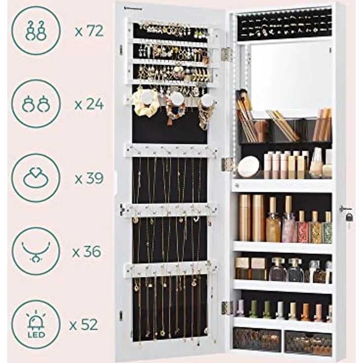 Schmuckschrank-Organizer mit LED-Leuchten, abschließbarer Wandschrank mit Ganzkörperspiegel, eingebautem Schminkspiegel – Bild 5