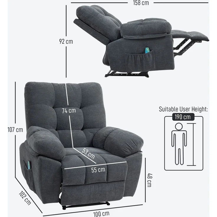 MELAYR, Recliner-Sessel, Massage-Polstersessel mit 8 Vibrationspunkten, 102 x 100 x 107 cm, Dunkelgrau – Bild 5