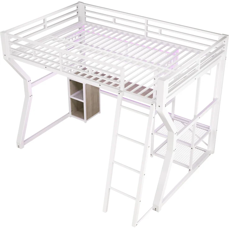 Hochbett, 140x200 cm, Eisenrahmen, mit Lichtleiste, Steckdose, Kleideraufhängebereich, Schreibtisch, Staufächer, Ablageböden, offener Raum unter dem Bett, ohne Matratze, weiß – Bild 9