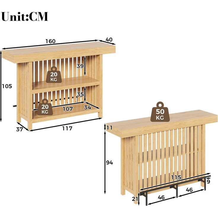 Bartisch 160 x 40 x 105 cm aus MDF in Holzoptik mit Fußstütze und 2-stufigem Regal – Bild 5
