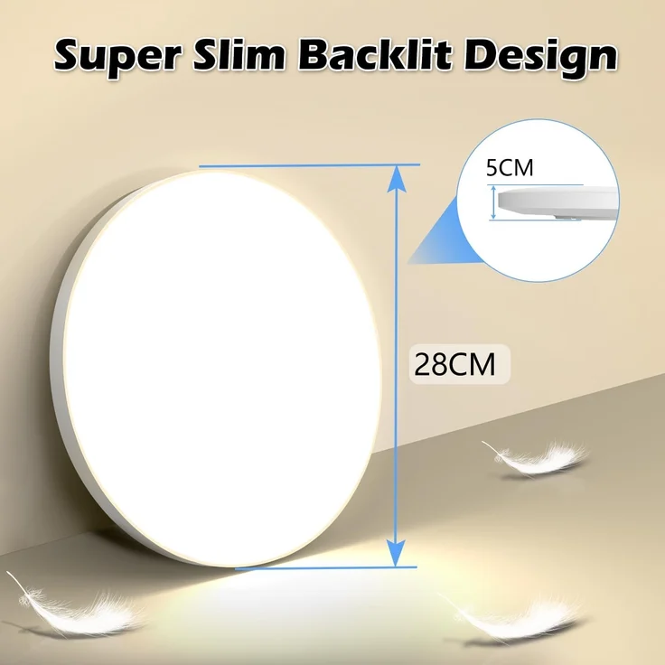 Deckenlampe LED Deckenleuchte Ø28cm 24W, 4000K, 2000LM, IP44 Wasserfest Rund Badezimmer Lampe, Badlampe Decke Küchenlampen Modern Schlicht Weiß Ultra Dünn Ideal für Bad/Balkon/Keller/Schlafzimmer/Flur – Bild 3