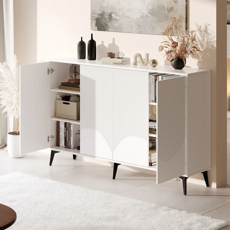 Merax Sideboard mit verstellbaren Einlegeböden, Holz weiß / Metallbeine schwarz, 100 x 35 x 160 cm – Bild 2
