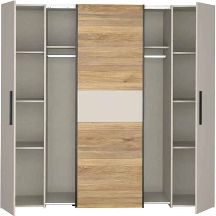 Forte KALIXTUS Kleiderschrank 200, moderner Dreh-/Schwebetürenschrank, 4-türig, geräumig, Holzwerkstoff, Eiche Holzdekor/Kaschmir Beige, 200,1 cm breit x 190,5 cm hoch x 61,2 cm tief – Bild 6