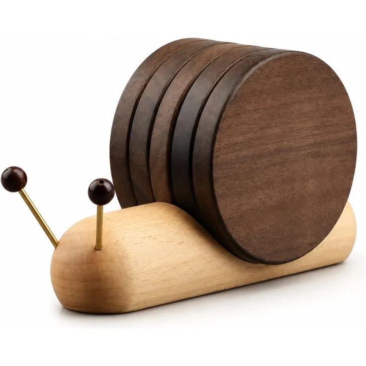 Holz-Untersetzer Set Schnecke Walnussoptik mit Halter, 5-teilig