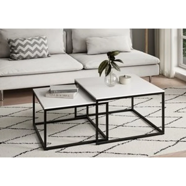 Home Collective Couchtisch 2er Set Beistelltisch Wohnzimmertisch modern rund und quadratisch (ideal als Büro Ablagetisch oder als Wohnzimmer Deko, Kleiner quadratischer Tisch Set 2 in 1), hochwertiges Design mit Metallgestell, stabile Tischplatte, weiß – Bild 6