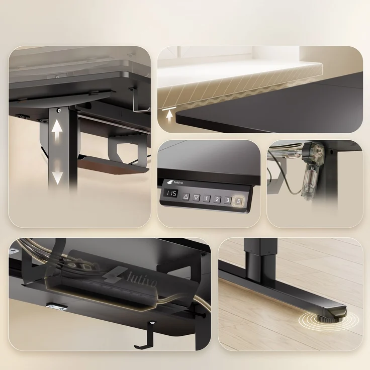 LUTIVO Foxtrot, Höhenverstellbarer Schreibtisch Elektrisch, Memory-Funktion und Kabelmanagement, 140 x 60 cm, Schwarz/Schwarz – Bild 5