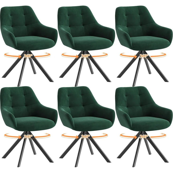MALOL Drehbare Esszimmerstühle 6er Set, 360° Drehbare Armlehnstühle mit weichem Florstoff & Metallgestell, Bequeme Esszimmerstühle Drehbar mit Rückenlehne für Küche, Esszimmer, Büro, Grün