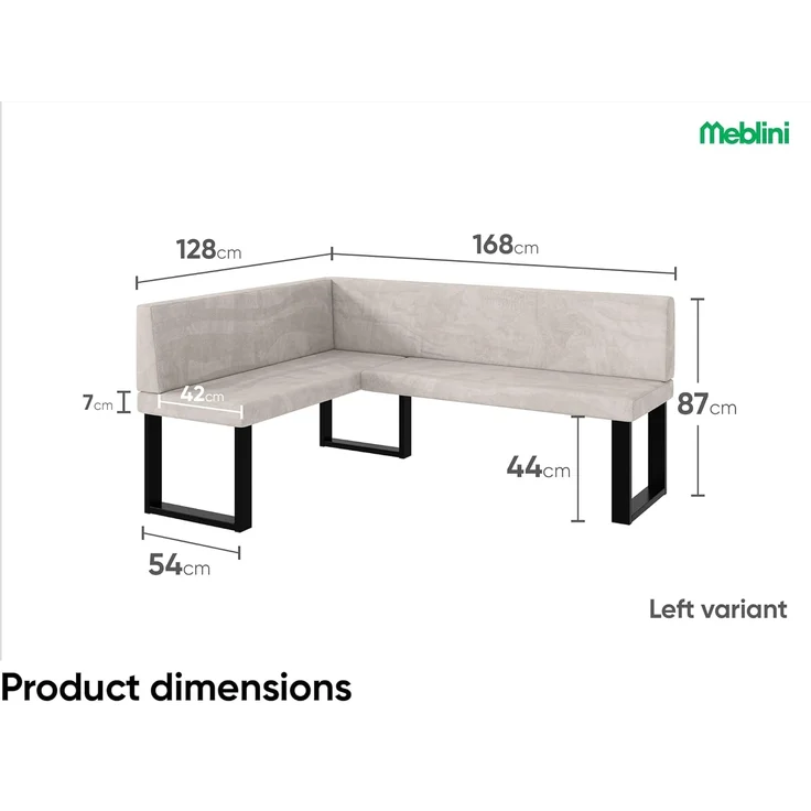 MEBLINI Eckbank für Esszimmer mit ausziehbarem Tisch - Küchenbank - Essecke - Sitzecke Küche - TONI - U-Beine 128x168x87cm Links - Beige Samt/M Schwarz Hochgl. – Bild 3