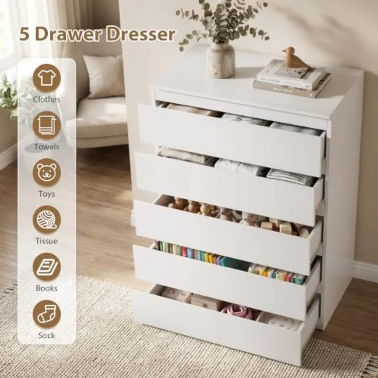 Jocoevol Kommode mit 5 Schubladen, Komodenschrank, Schubladenschrank, Moderner Schubladenschrank, Holzkommode mit Tiefen Schubladen für Wohnzimmer Schlafzimmer Eingangsbereich, 60 x 39 x 100 cm, Weiß – Bild 6