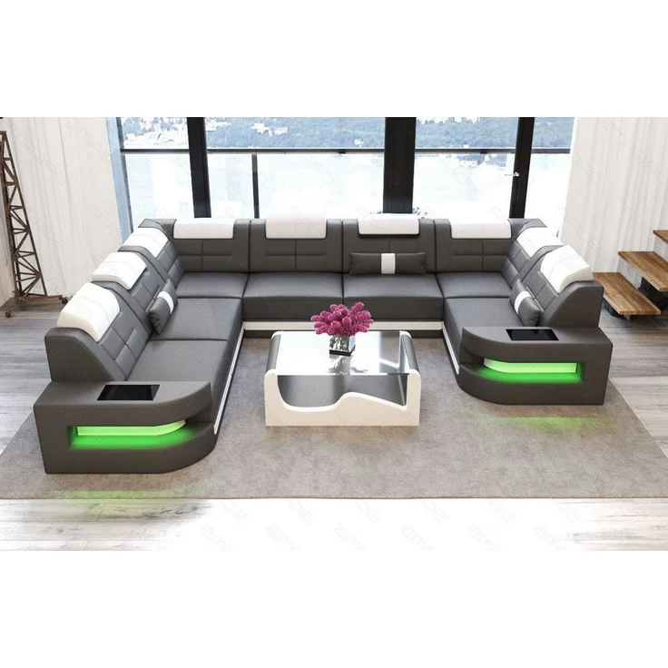 Mini Wohnlandschaft Como U Form - Ledermix - grau-weiß - Links – Bild 3