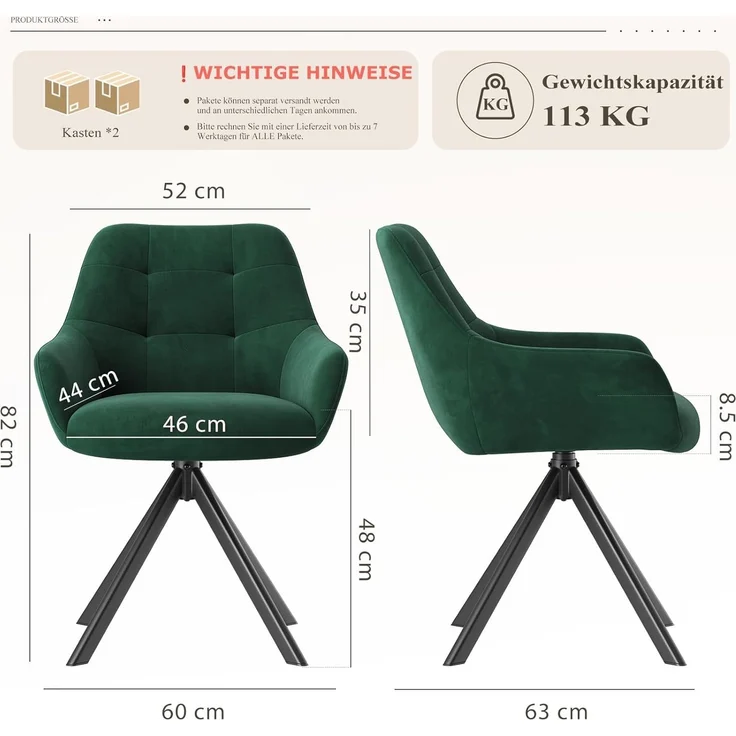 COLAMY Drehbare Esszimmerstühle 4er Set, Esszimmerstühle Drehbar mit Armlehne, Armlehnstuhl Drehbar mit Rückenlehne für Esszimmer, Stühle aus Weichem Florstoff mit Metallgestell für Küche, Grün – Bild 3