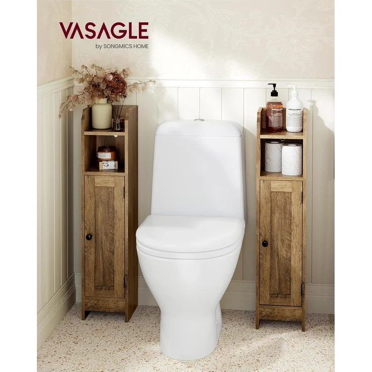 VASAGLE Badezimmerschrank klein, Badschrank schmal, stehend, mit Tür und Regal, kleiner Schrank für Toilettenpapier, Toilettenschrank, verstellbare Ablagen, 20 x 18 x 80 cm, honigbraun, BBK310K01 – Bild 2